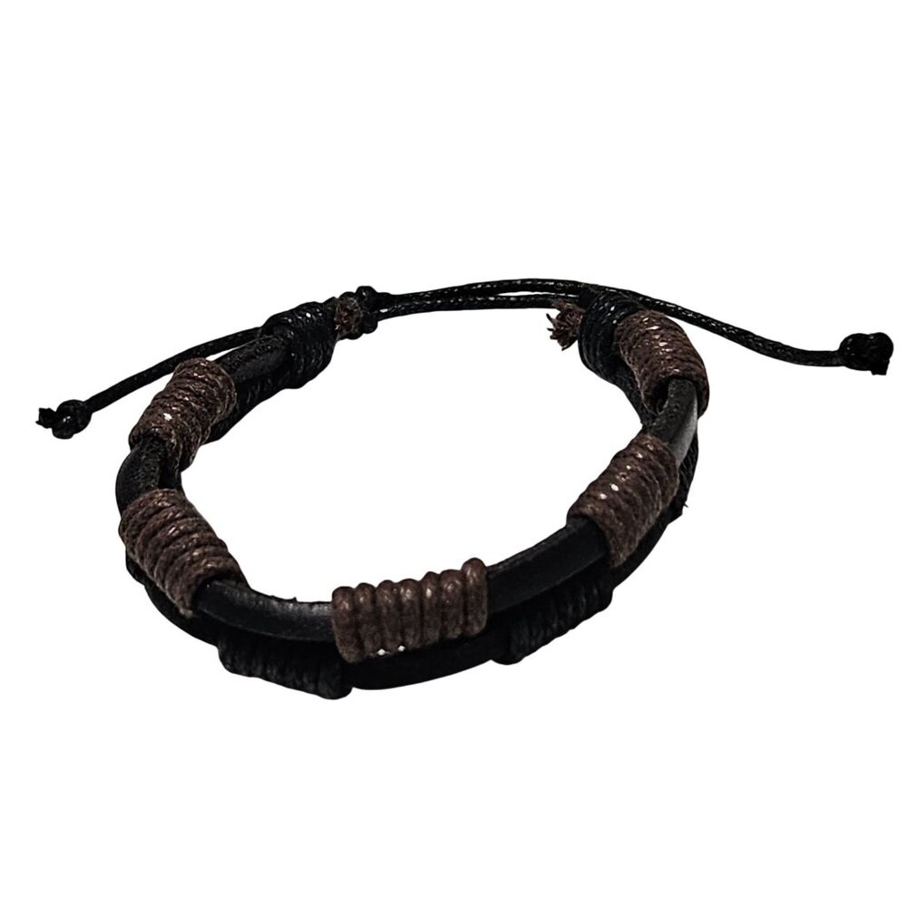 Handmade Boho Black Brown Rope and Leather Adjustable Bracelet Unisex Jewelry